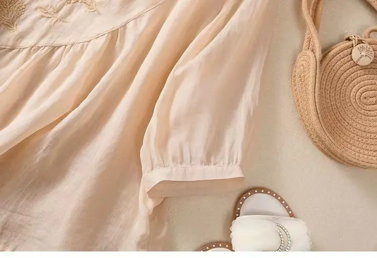 New Shirt T-Shirt Summer Pure Color New Literary Retro Embroidered Cotton and Linen Shirt Loose Round Neck Pullover Top — feature 21