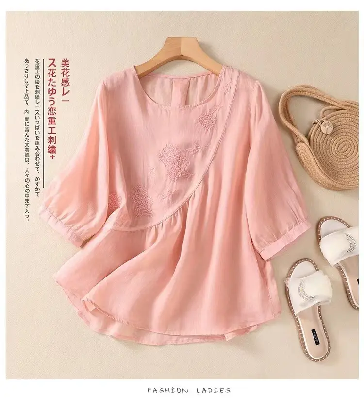 New Shirt T-Shirt Summer Pure Color New Literary Retro Embroidered Cotton and Linen Shirt Loose Round Neck Pullover Top — feature 23