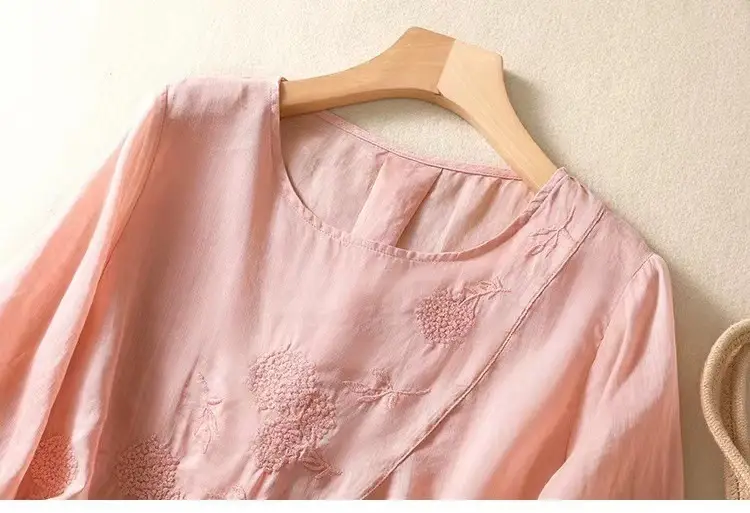 New Shirt T-Shirt Summer Pure Color New Literary Retro Embroidered Cotton and Linen Shirt Loose Round Neck Pullover Top — feature 24
