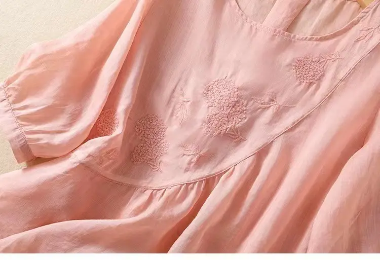 New Shirt T-Shirt Summer Pure Color New Literary Retro Embroidered Cotton and Linen Shirt Loose Round Neck Pullover Top — feature 25