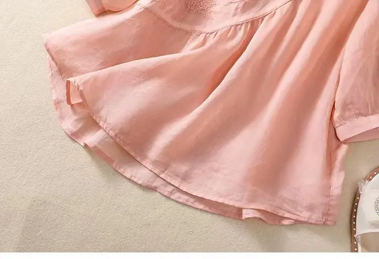 New Shirt T-Shirt Summer Pure Color New Literary Retro Embroidered Cotton and Linen Shirt Loose Round Neck Pullover Top — feature 27