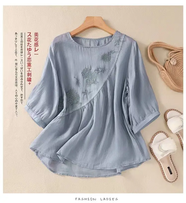 New Shirt T-Shirt Summer Pure Color New Literary Retro Embroidered Cotton and Linen Shirt Loose Round Neck Pullover Top — feature 28