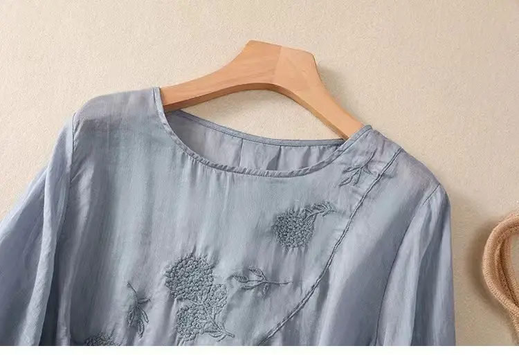 New Shirt T-Shirt Summer Pure Color New Literary Retro Embroidered Cotton and Linen Shirt Loose Round Neck Pullover Top — feature 29