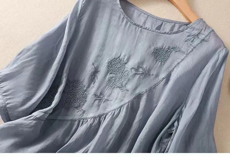 New Shirt T-Shirt Summer Pure Color New Literary Retro Embroidered Cotton and Linen Shirt Loose Round Neck Pullover Top — feature 30