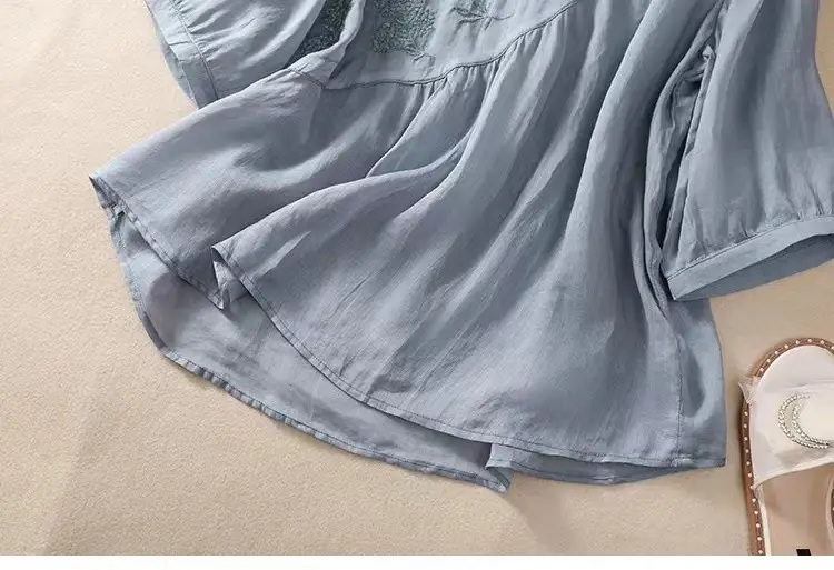 New Shirt T-Shirt Summer Pure Color New Literary Retro Embroidered Cotton and Linen Shirt Loose Round Neck Pullover Top — feature 32