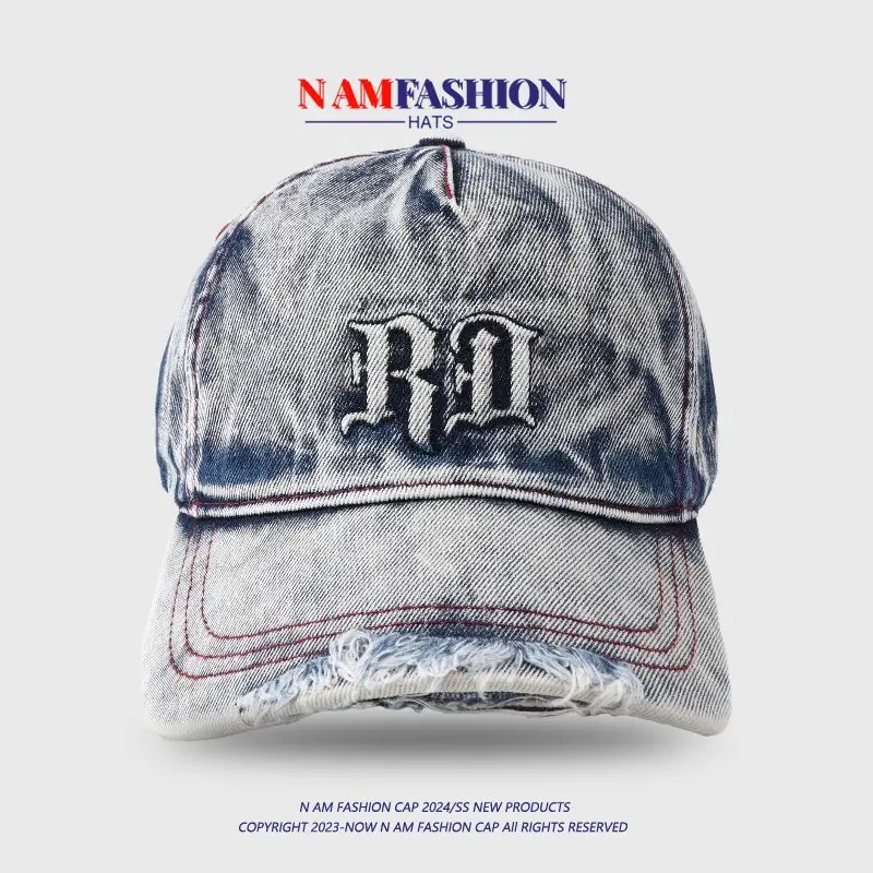 Men Distressed Denim Cap RJ Brim with Embroidered Logo - Image 3