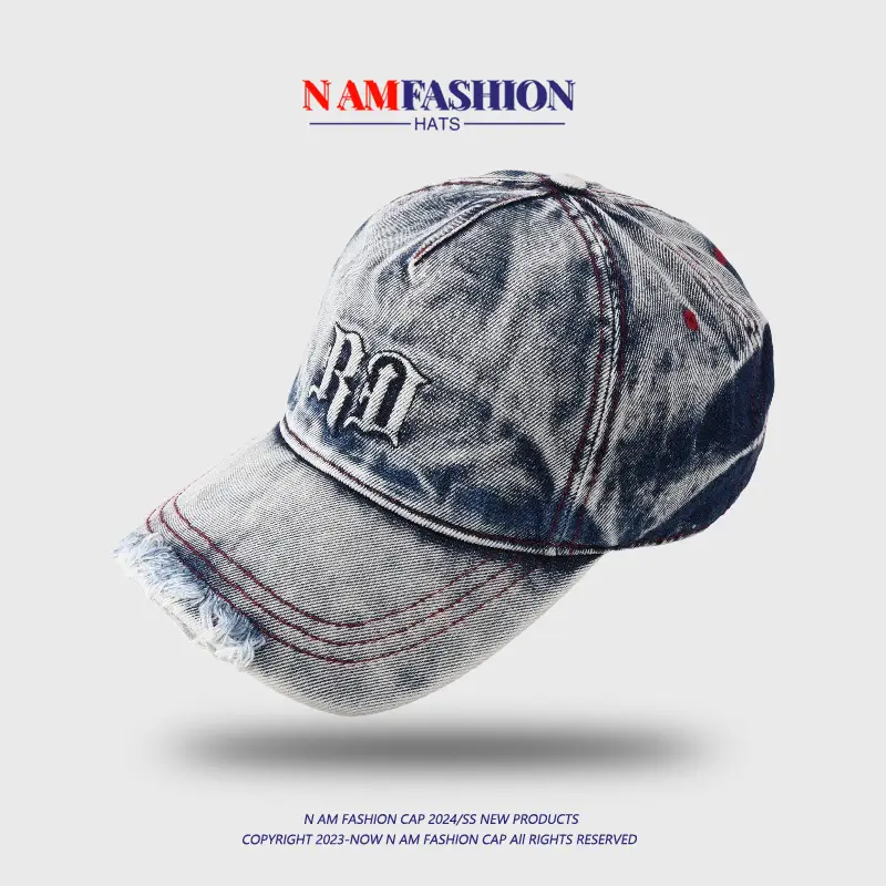 Men Distressed Denim Cap RJ Brim with Embroidered Logo - Image 5
