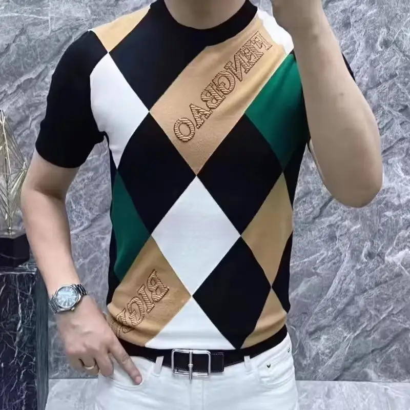 Men Ice Silk Checkered T-Shirt Black Yellow White 2024 - Image 2