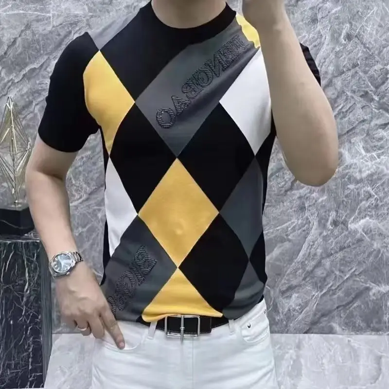 Men Ice Silk Checkered T-Shirt Black Yellow White 2024 - Image 3