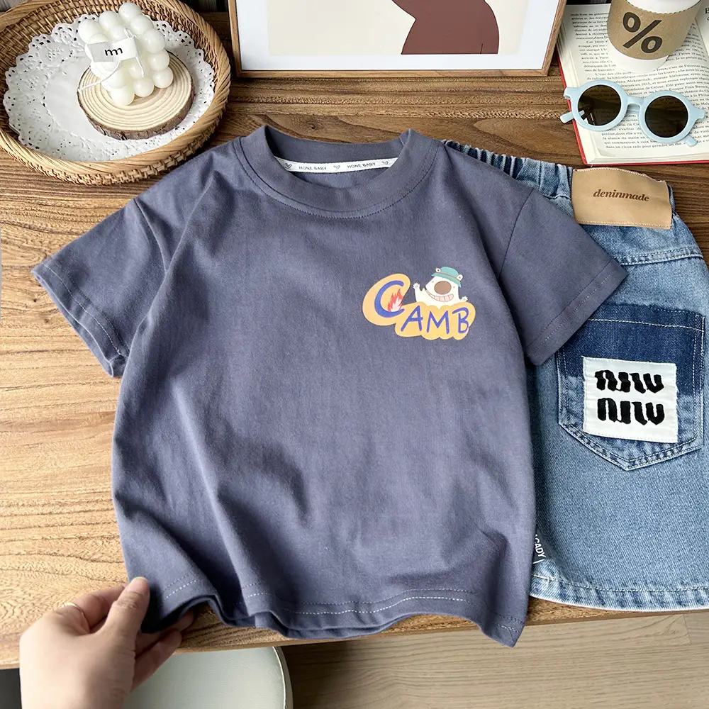 White Cartoon Print Boys T-Shirt with Denim Shorts