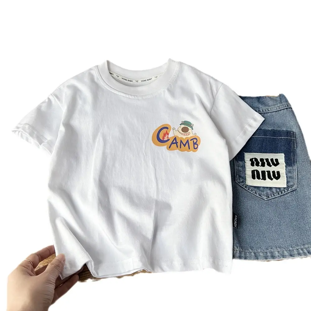 White Cartoon Print Boys T-Shirt with Denim Shorts