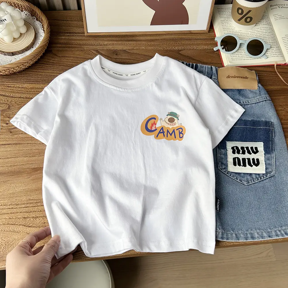 White Cartoon Print Boys T-Shirt with Denim Shorts — feature 3