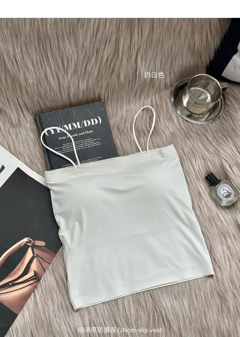 Summer fixed Cup Ice Silk beauty back small sling women's inner strap with chest pad one-piece anti-exposure seamless vest base — feature 16