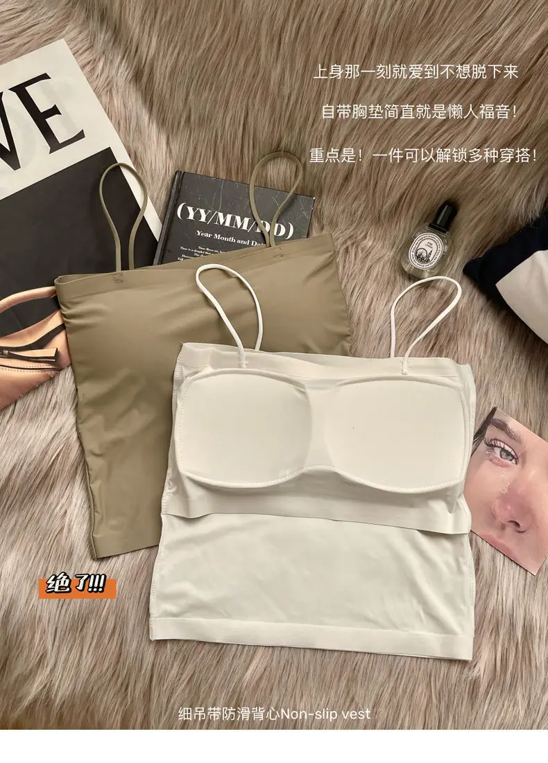 Summer fixed Cup Ice Silk beauty back small sling women's inner strap with chest pad one-piece anti-exposure seamless vest base — feature 4