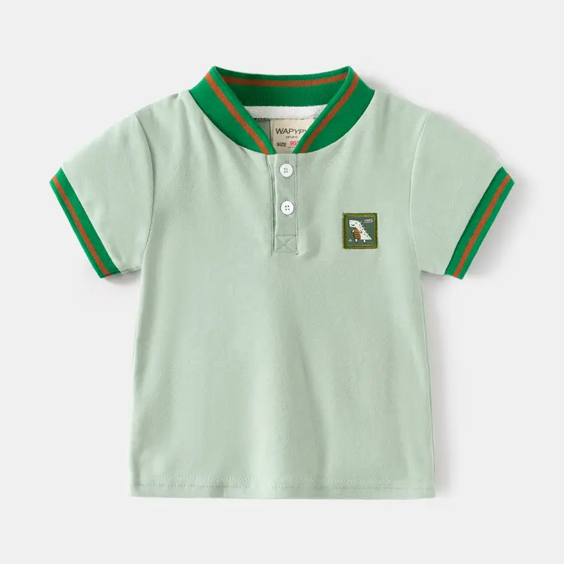 Kids Polo Shirt Light Green Dinosaur Embroidered V-Neck 2026