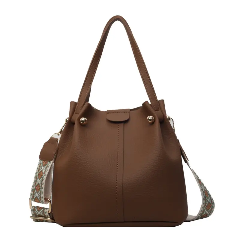 Women Retro Brown Bucket Bag with Crossbody Strap