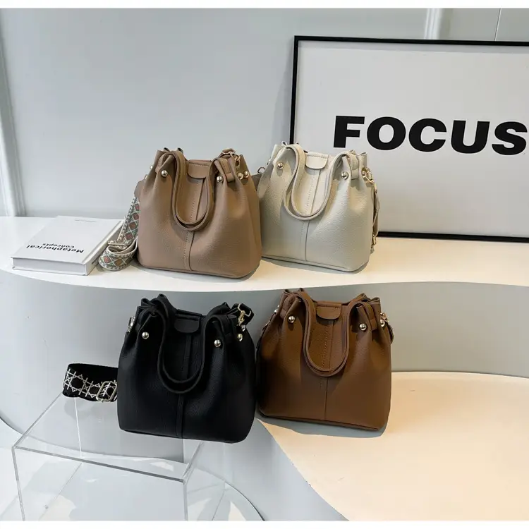 Women Retro Brown Bucket Bag with Crossbody Strap — feature 1