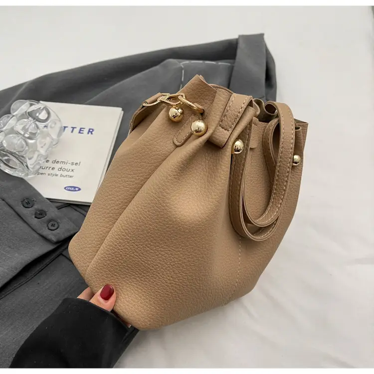 Women Retro Brown Bucket Bag with Crossbody Strap — feature 11
