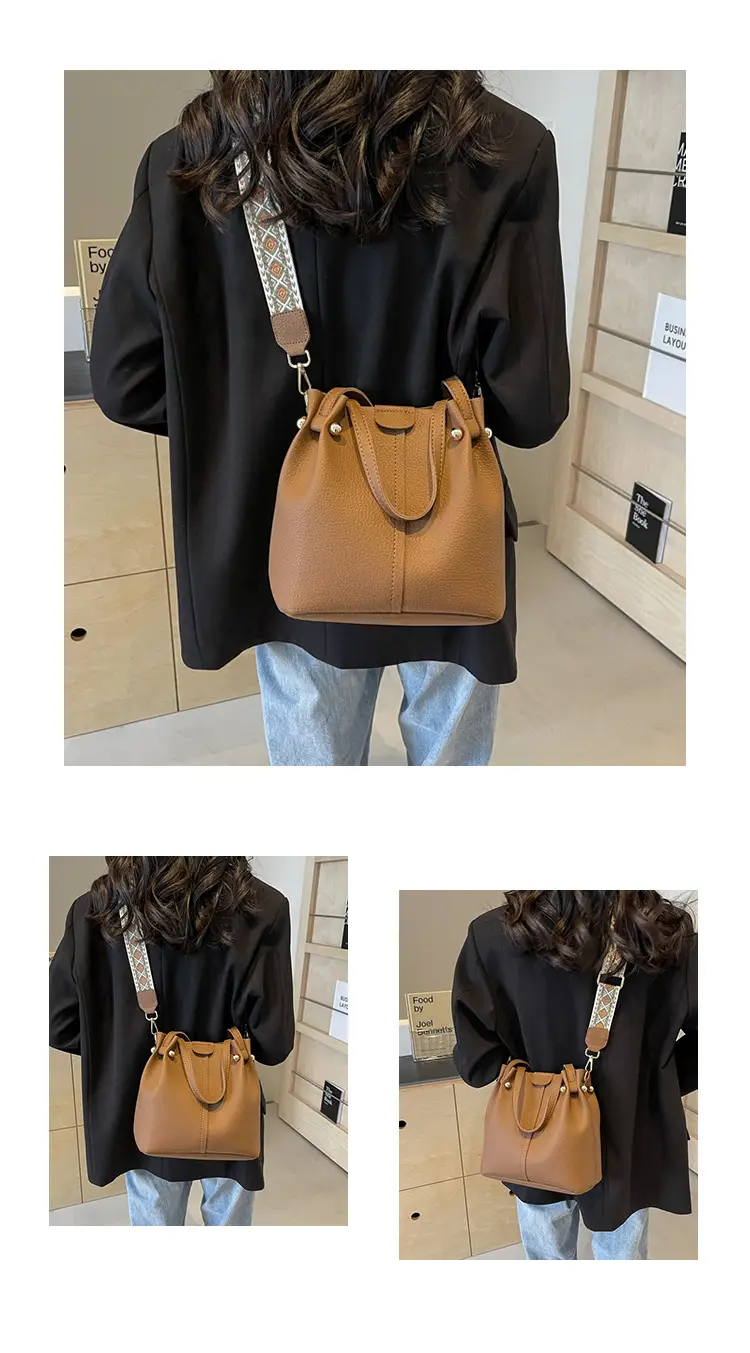 Women Retro Brown Bucket Bag with Crossbody Strap — feature 17