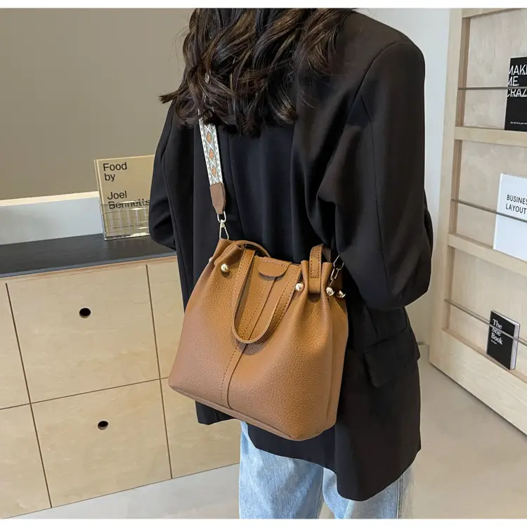 Women Retro Brown Bucket Bag with Crossbody Strap — feature 32