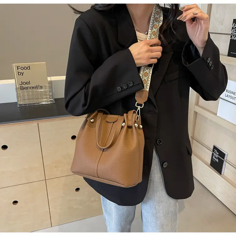 Women Retro Brown Bucket Bag with Crossbody Strap — feature 33