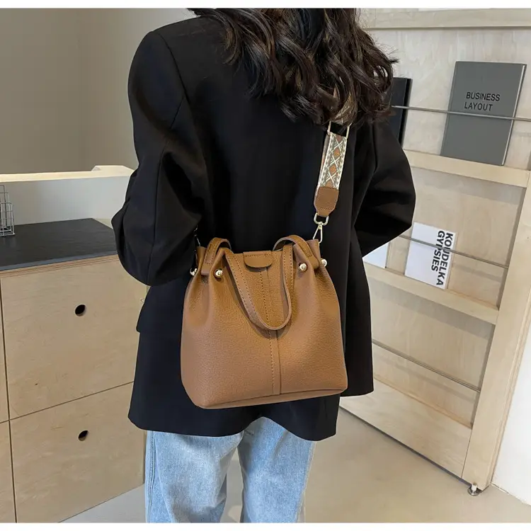 Women Retro Brown Bucket Bag with Crossbody Strap — feature 35