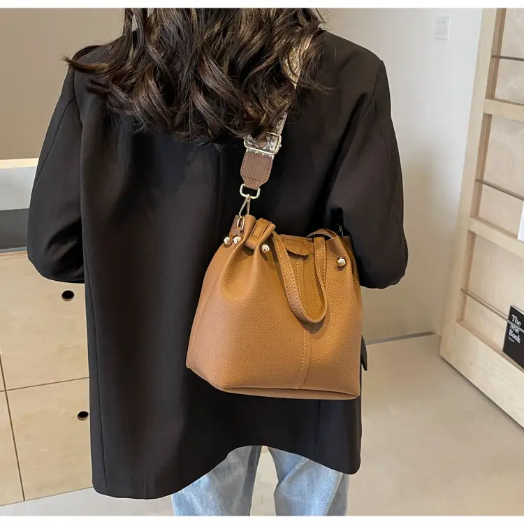 Women Retro Brown Bucket Bag with Crossbody Strap — feature 37