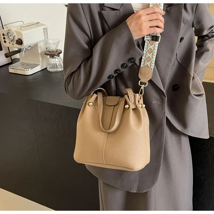 Women Retro Brown Bucket Bag with Crossbody Strap — feature 45