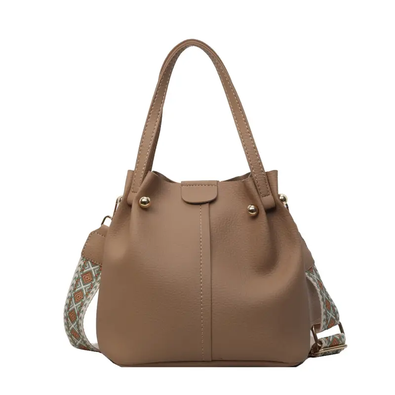 Women Retro Brown Bucket Bag with Crossbody Strap