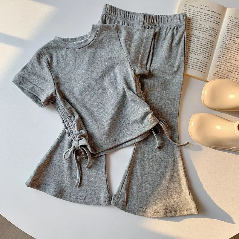 Summer Girls Drawstring T-Shirt Flared Pants Set Grey - Image 3