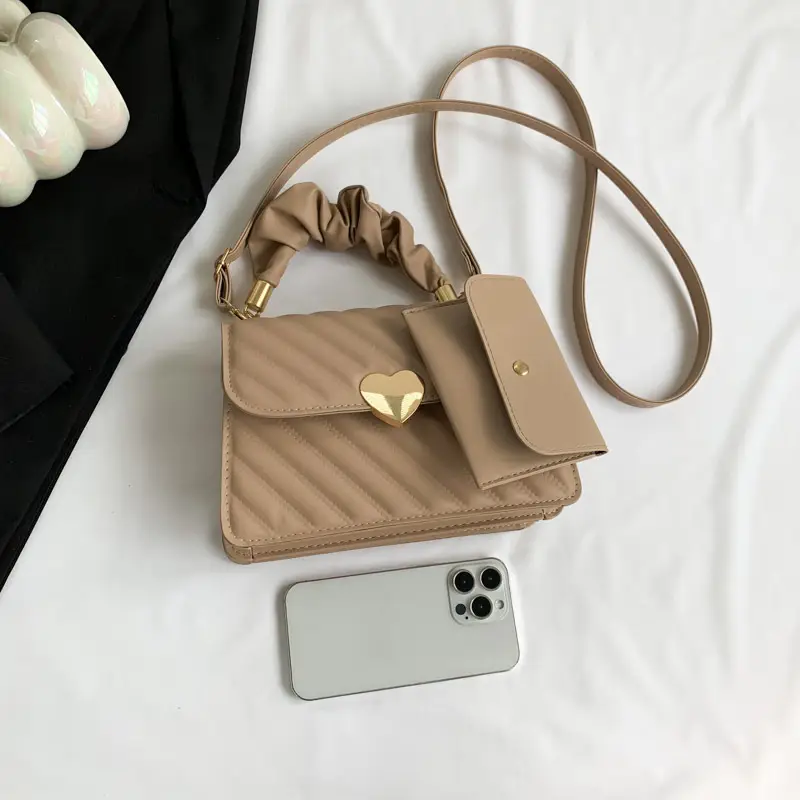 Trendy Heart Lock Bag Women Beige Embossed Shoulder Crossbody - Image 15