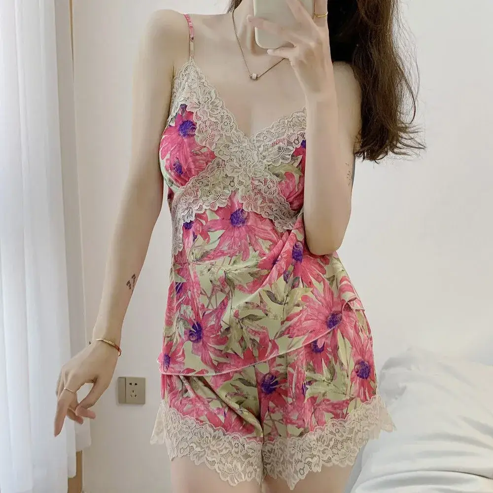 Ice Silk Sexy Shorts Two-Piece Suit with Chest Pads
