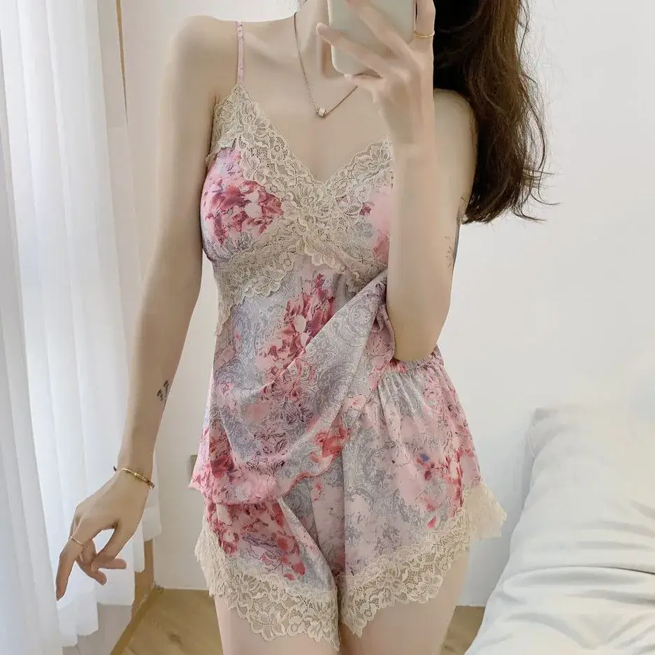 Ice Silk Sexy Shorts Two-Piece Suit with Chest Pads
