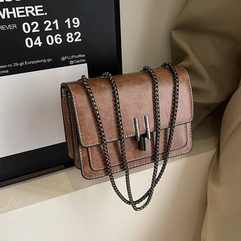 Women's Brown Leather Chain Crossbody Bag 2024 - Image 7