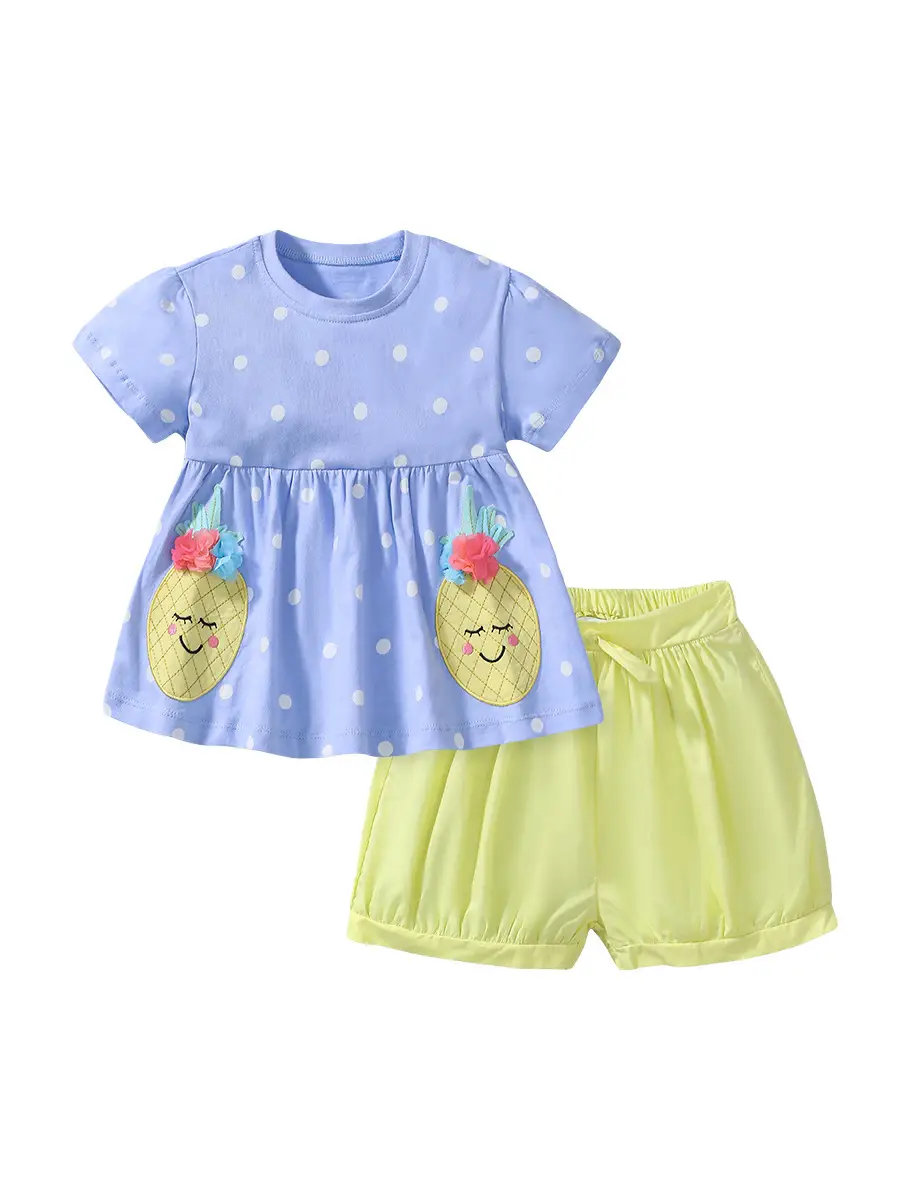 Little Cartoon Girl Suit Blue Yellow Shorts - Image 6