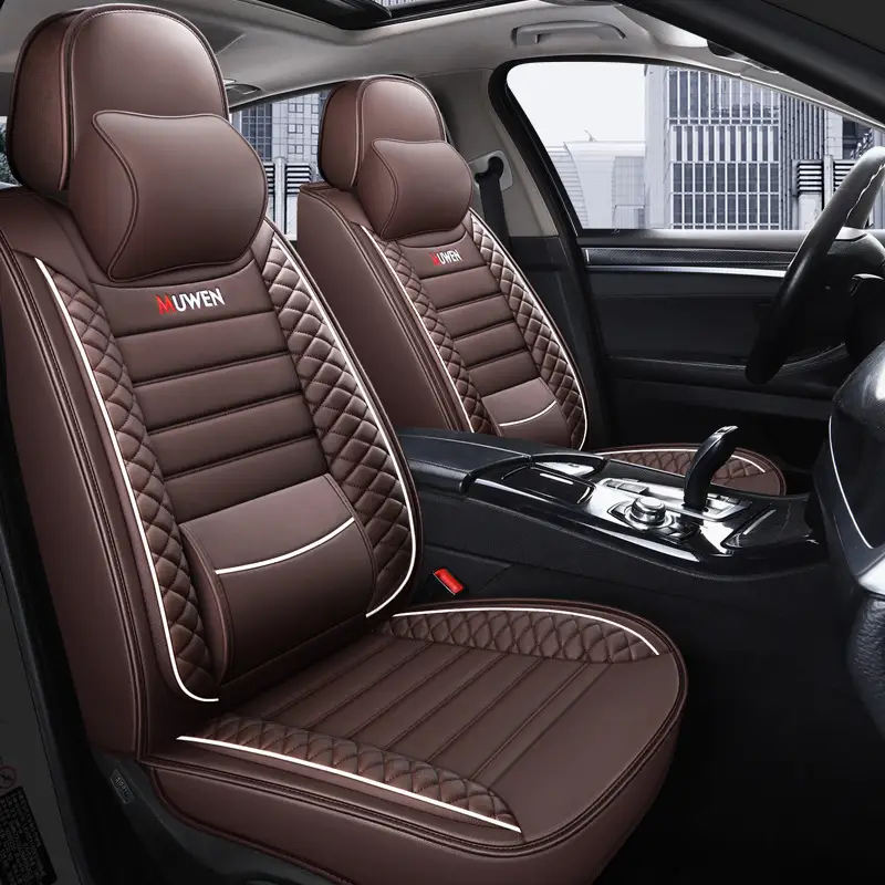 Full Leather Car Seat Cushion Cover Beige Ice Silk Belt Wings Universal - Image 11