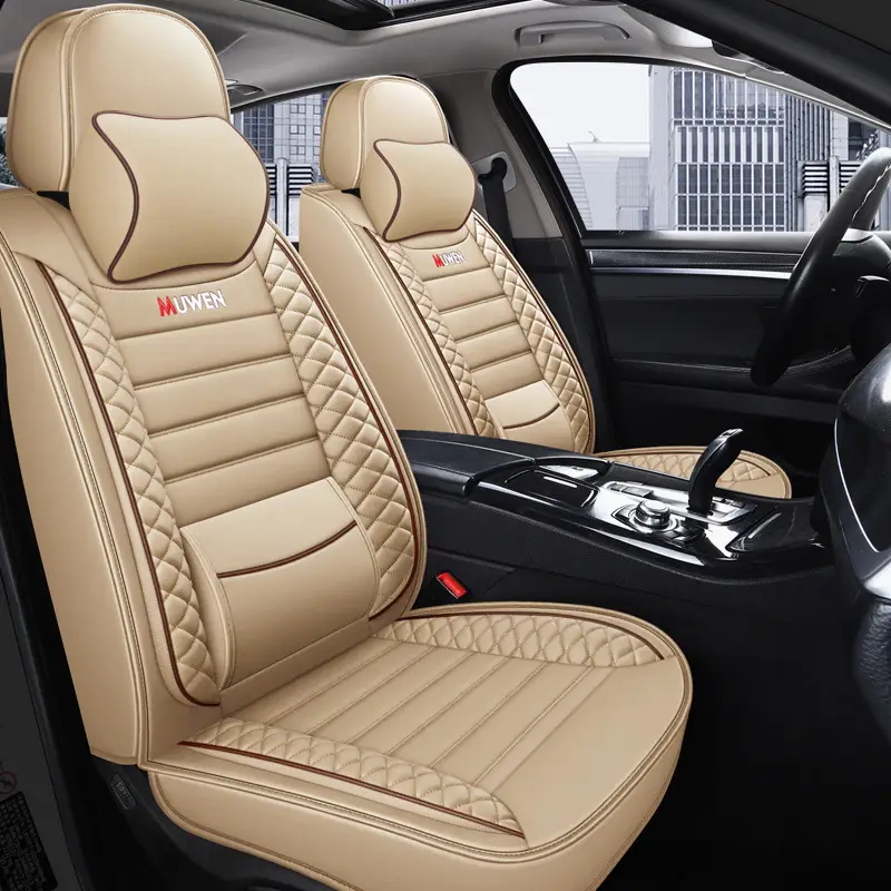 Full Leather Car Seat Cushion Cover Beige Ice Silk Belt Wings Universal - Image 12