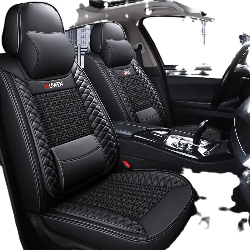 Full Leather Car Seat Cushion Cover Beige Ice Silk Belt Wings Universal - Image 13