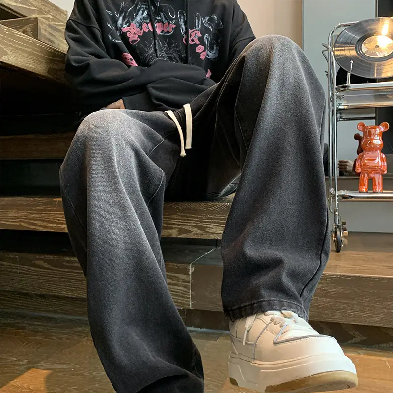Men Retro Straight Leg Pants Black Wide Leg Casual - Image 5