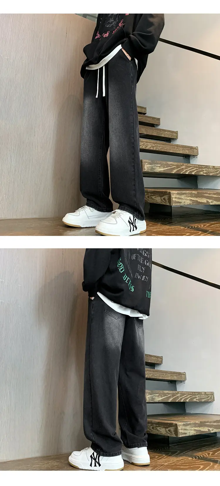Men Retro Straight Leg Pants Black Wide Leg Casual — feature 3