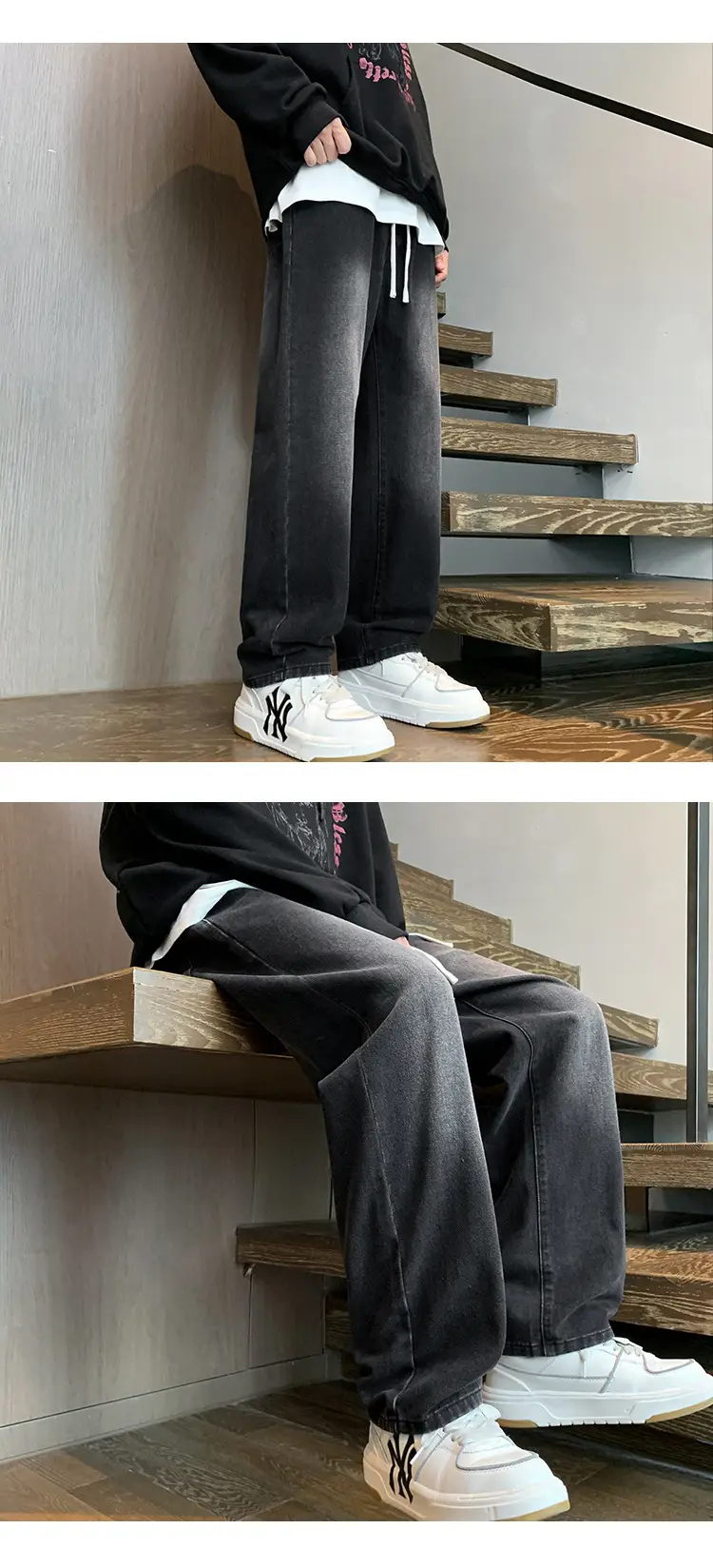 Men Retro Straight Leg Pants Black Wide Leg Casual — feature 4