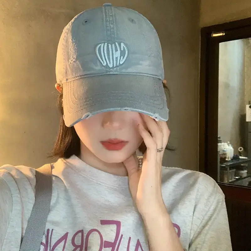 Women Denim Baseball Cap Maroon Large Wide Brim - Image 10