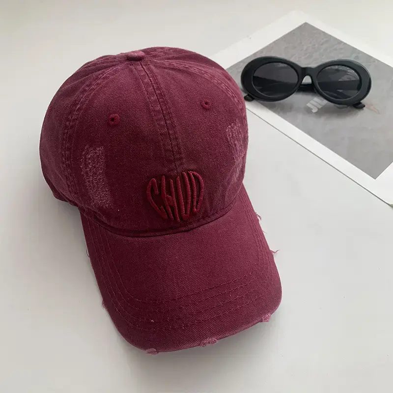 Women Denim Baseball Cap Maroon Large Wide Brim - Image 7