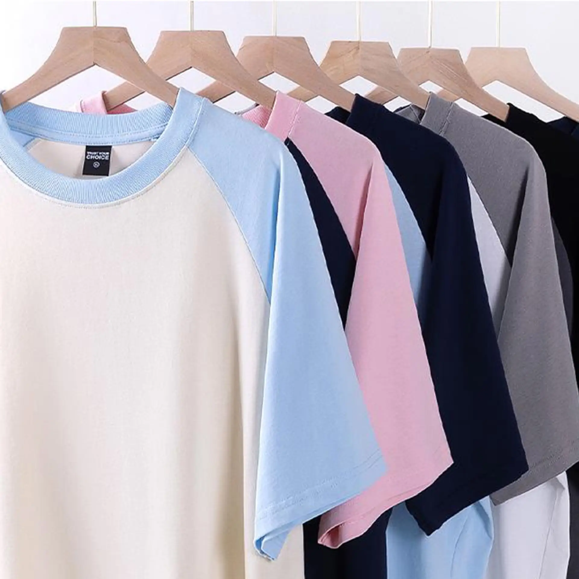 Spring 260g Cotton Raglan Sleeve T-Shirt Navy Pink - Image 14