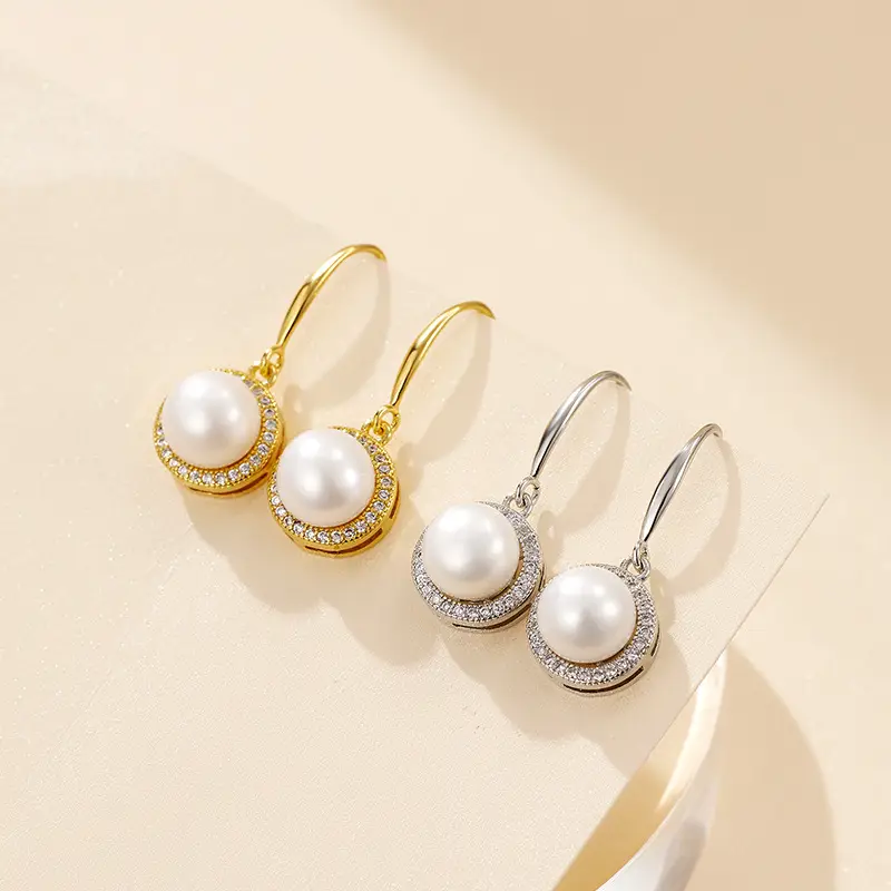 Gold Pearl Zircon Earrings for Women
