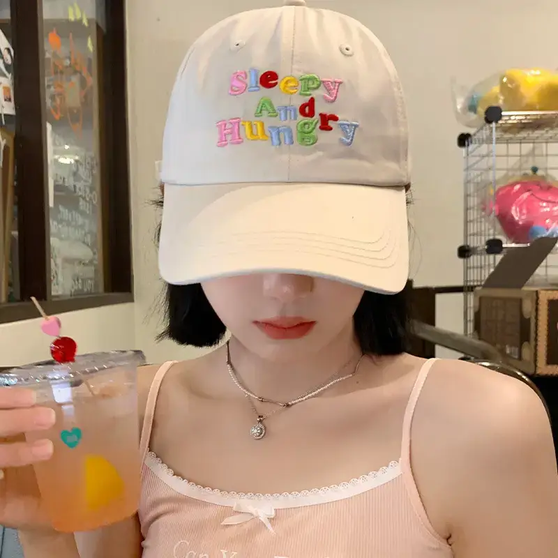 Sleepy And Hungry Blue Embroidered Cap for Women