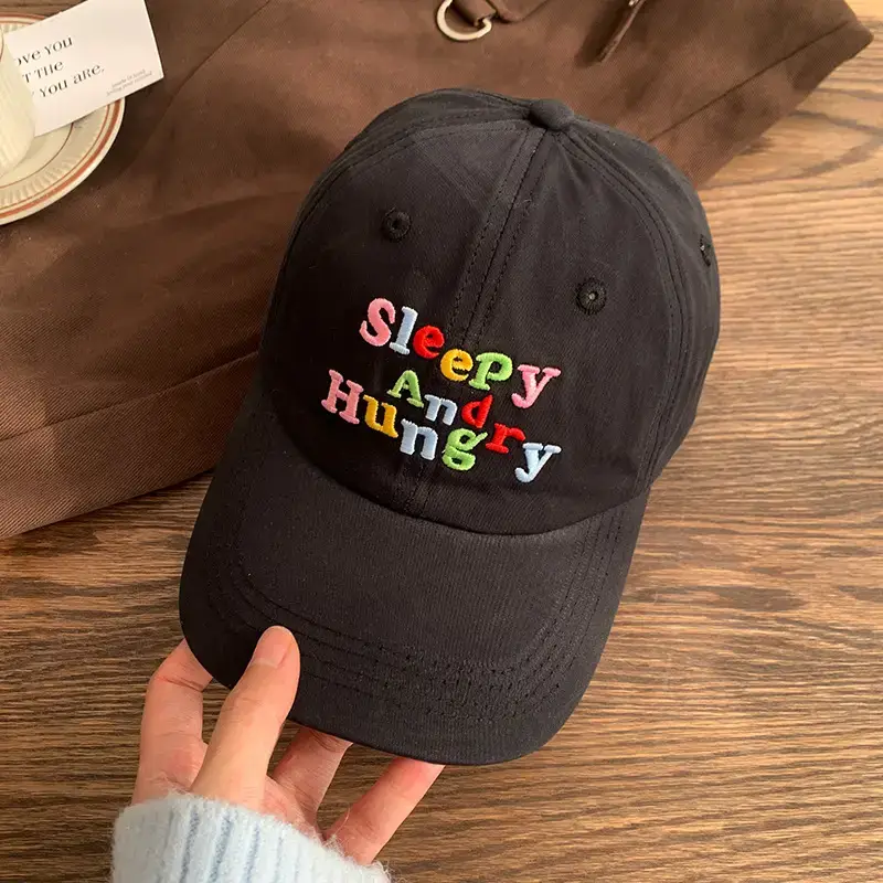 Sleepy And Hungry Blue Embroidered Cap for Women