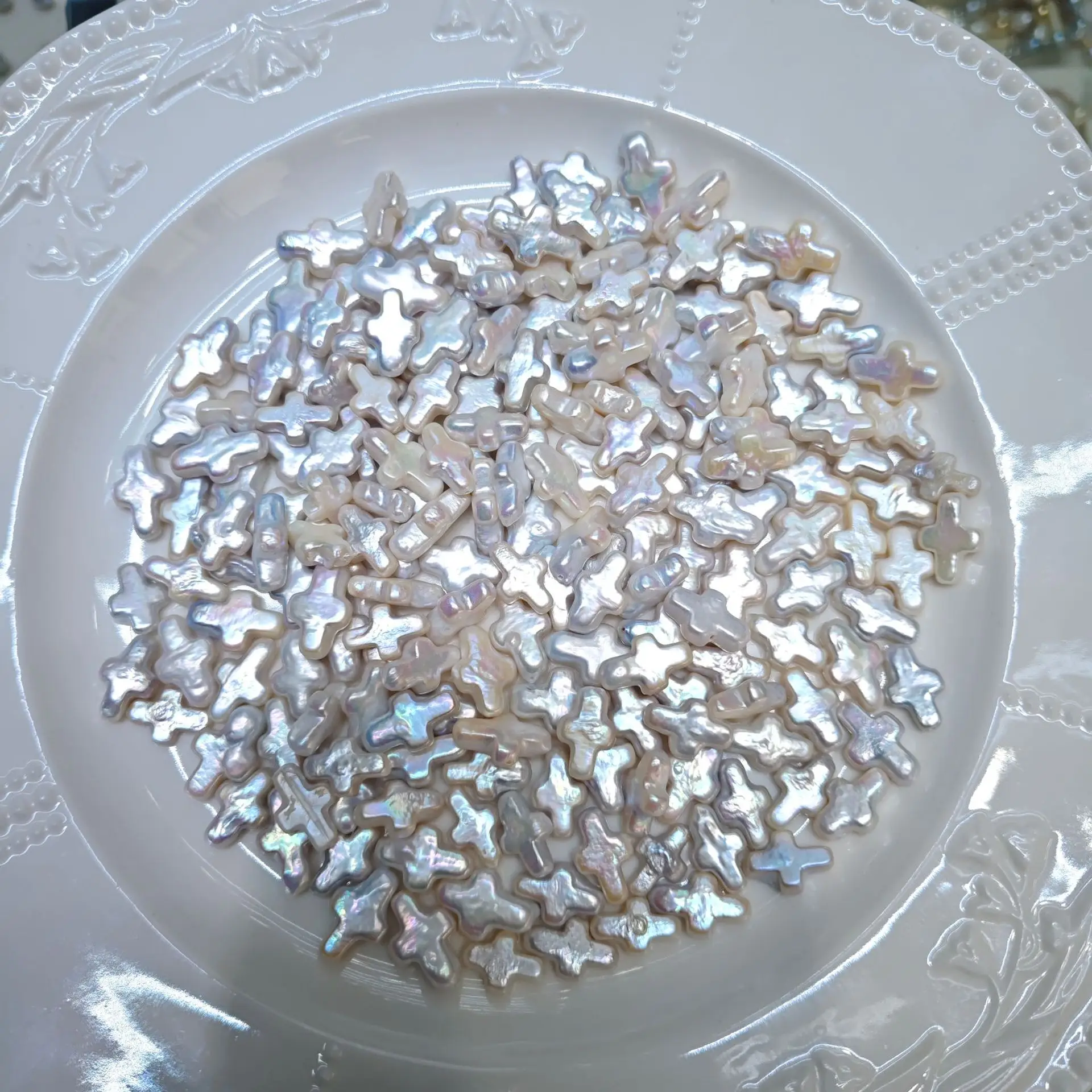 Pearl Baroque Cross Beads Silver Blue Light DIY