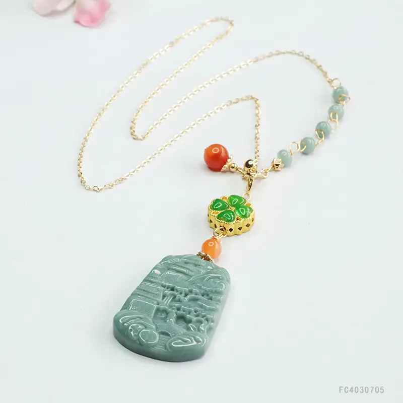 Jade Landscape Pendant Necklace Blue Water Green Red Beads