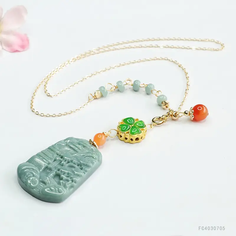 Jade Landscape Pendant Necklace Blue Water Green Red Beads